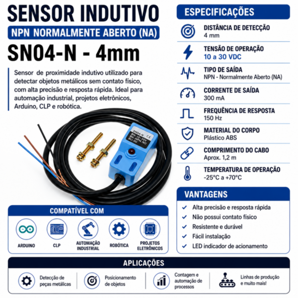 Sensor indutivo de proximidade SN04-N NPN normalmente aberto
