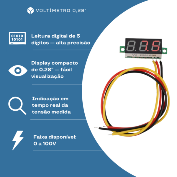 Voltímetro digital 0 a 100V DC com display de 3 dígitos 0,28 polegadas